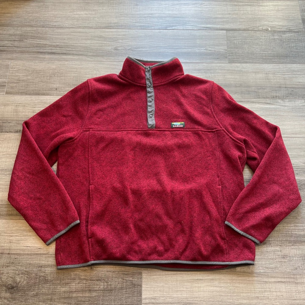 LL Bean Mens Sweater Fleece Pullover XL Red Snap Fleece Slightly Fitted